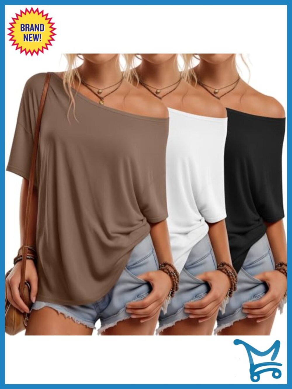 3 Pack Womens Off Shoulder Oversized Tops Loose Fit Summer T-Shirts